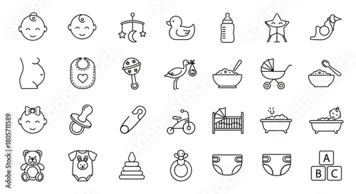 Baby Accessories Icons Set, Nursery Items, Early Childhood Care, Vector Illustrations, Minimalist Design, Front View, Parenting Concept