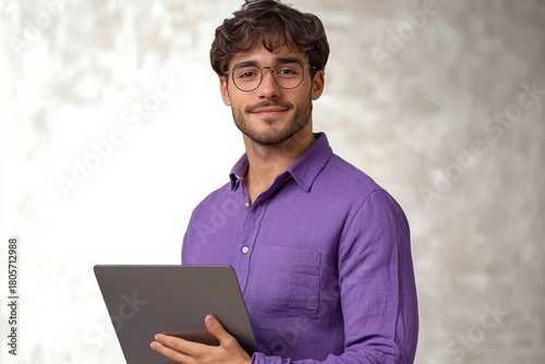 Young man in purple button-up shirt holding a laptop, standing with a calm focused posture against a soft neutral background