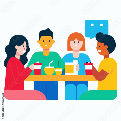 Diverse Team Lunch Break in Colorful Office Cafeteria Cartoon Vector
