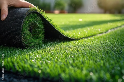 Hand unrolling vibrant artificial turf roll across a sunlit backyard lawn, close-up scene evoking fresh, satisfying outdoor renewal