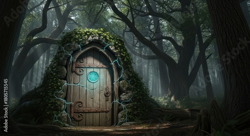 Enchanted forest portal hidden among ancient trees with whimsical magical door entrance