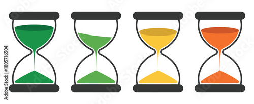 Hourglass vector icons showing stages of time passing, process progress from empty to full