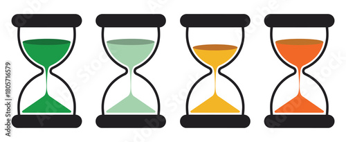 Hourglass icon illustration featuring vector graphics depicting time passing, progress from empty to full,