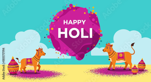 Celebrate vibrant Happy Holi festival with playful decorated cows design