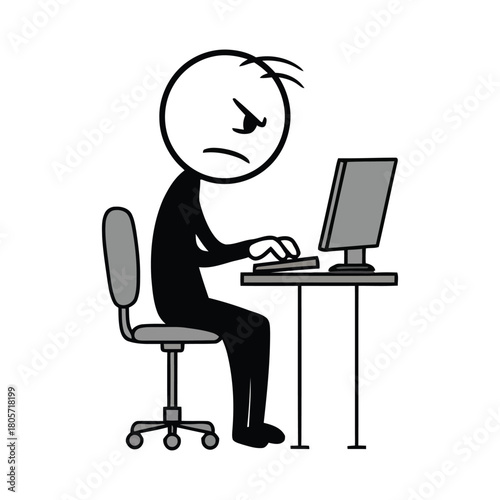 Frustrated stick figure grappling with a challenging computer task, expressing digital annoyance and stress