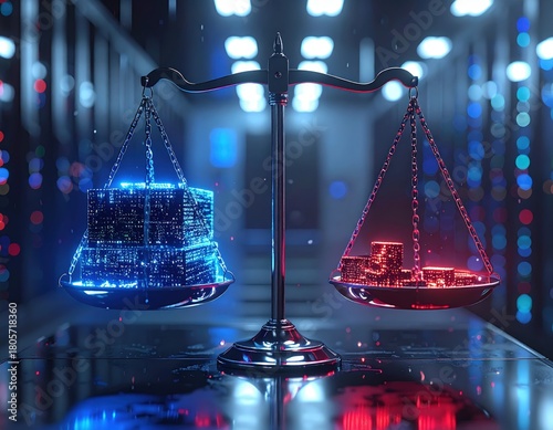 AI Bias Concept: Unbalanced Digital Scales of Justice Representing Inequality