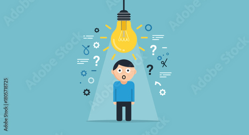 Surprised man under lightbulb with questions, brilliant ideas concept vector
