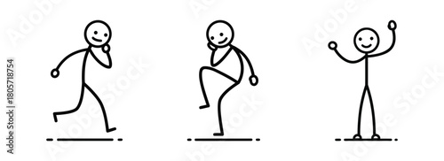Stick Figure Actions Running, Knee Lift, and Joyful Pose - Simple Outline Drawings