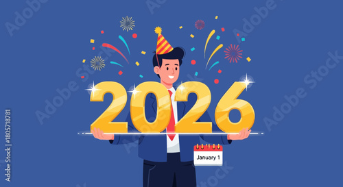 Welcome 2026 New Year celebration with confetti and party hat excitement