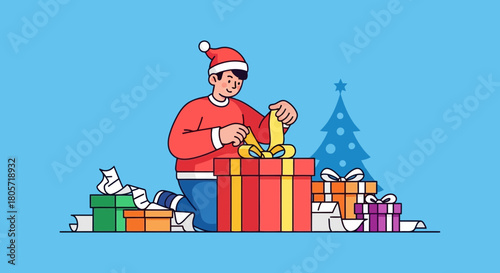 Festive holiday joy man unwrapping a gift with Christmas spirit and holiday cheer
