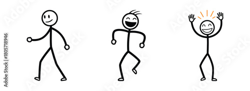 Stick Figures Representing Various Actions Walking, Dancing, and Expressing Joy