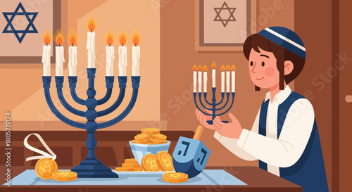 Celebrating Hanukkah with candles, dreidel, and gelt for a joyous occasion