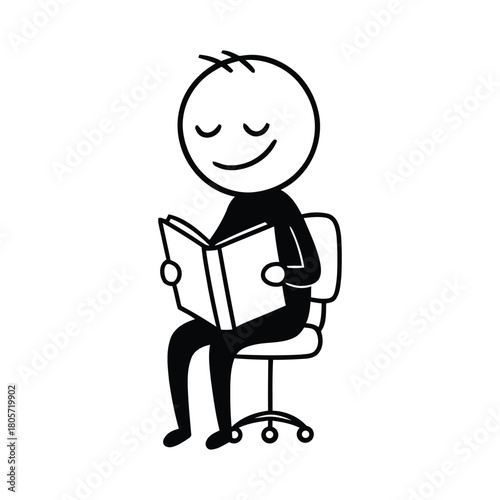 Reading Enthusiast A Stick Figure Enjoying a Book, Seated on a Chair