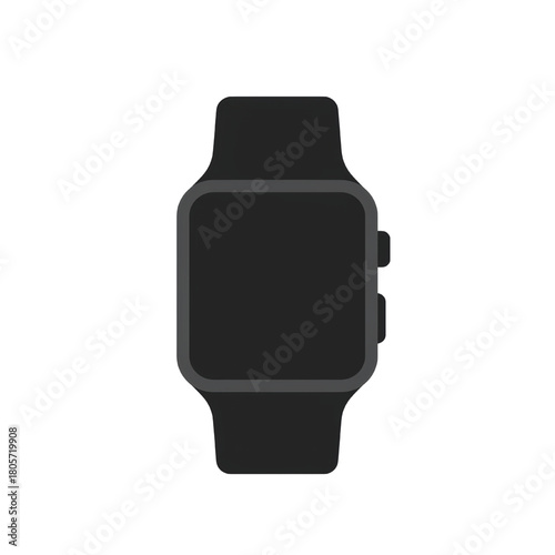 A simple flat vector illustration of a modern black smartwatch with a blank screen and side buttons.