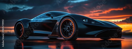 Glossy black carbon fiber supercar with glowing orange rims on wet tarmac at dramatic sunset, powerful and futuristic mood
