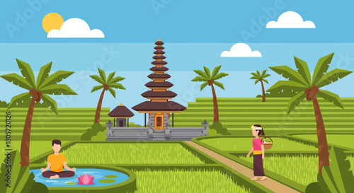 Tranquil Balinese rice terraces with temple, yoga, and cultural heritage