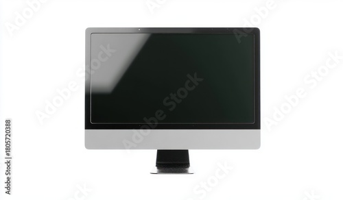 Sleek modern silver all-in-one desktop computer with dark reflective screen and black bezel on a clean white background, minimalist and calm product portrait