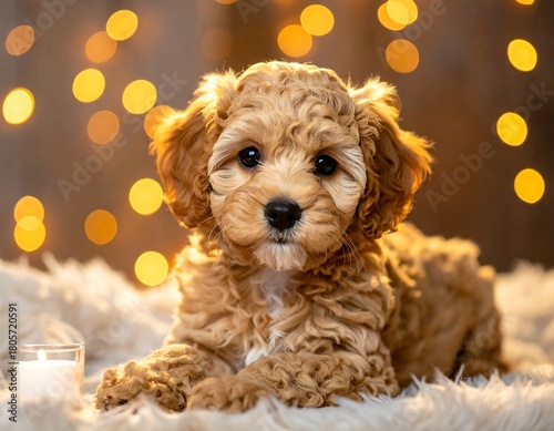 A charming, small, fluffy puppy with curly fur sits on a soft, white blanket. Golden bokeh lights provide a warm backdrop