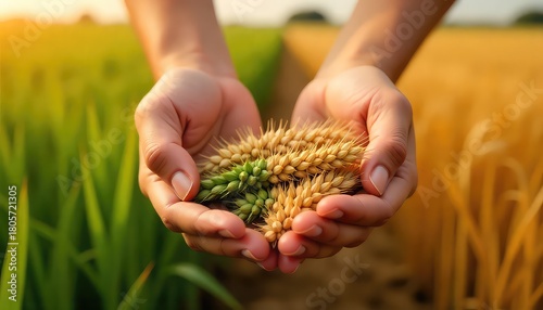 Hands holding wheat stalks with field background showing agriculture and harvest time concept