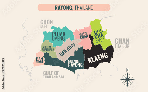 A map showing Rayong Thailand divided into districts in a minimalist colorful style