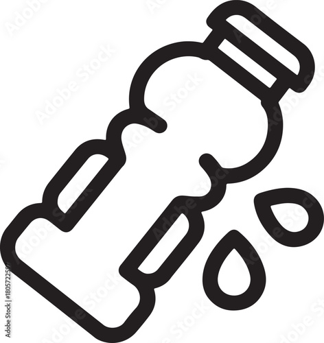 ''Outline vector symbol of a water bottle spilling liquid drops, representing hydration or a spill.''