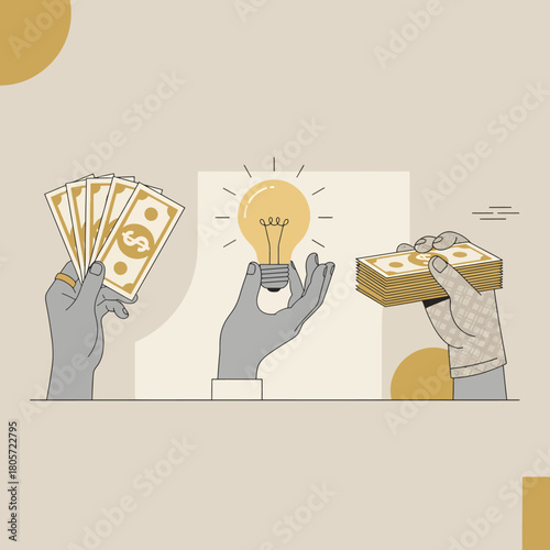 The Spark and the Savings: A stylized depiction portrays a hand holding a glowing lightbulb, the symbol of innovation, while other hands showcase currency.