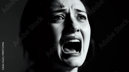 Intense emotion portrait of screaming woman in darkness expressing fear, anxiety, and terror - perfect for dramatic storytelling and mental health campaigns