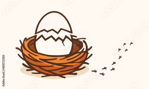 Cracked Egg in Nest Symbolizing New Beginnings and Fresh Starts Illustration