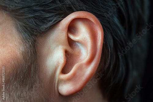 close-up of a human ear with short dark hair, detailed skin texture and natural lighting, conveying attentiveness and quiet listening