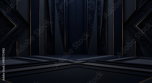 Dark geometric stage with gold accents and floral pattern abstract podium