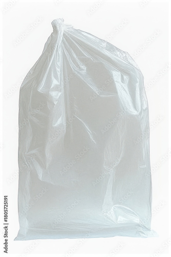 Fototapeta premium tied translucent white plastic garbage bag with crinkled folds and reflective sheen on a clean white background, evoking a stark, minimal, sterile mood