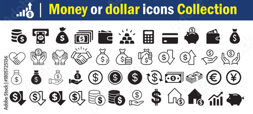 Finance and Dollar Icon Set in Black Vector Style. Money, currency, and transaction symbols. Vector Illustration