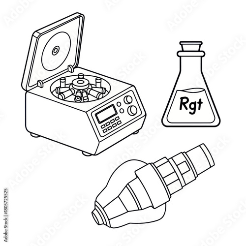 A collection of scientific laboratory equipment including a centrifuge, reagent flask, and micropipette, shown in a simple black and white line art style.