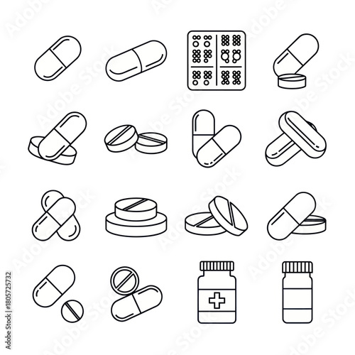 A simple black line icon set of various pills, capsules, tablets, and medicine bottles.