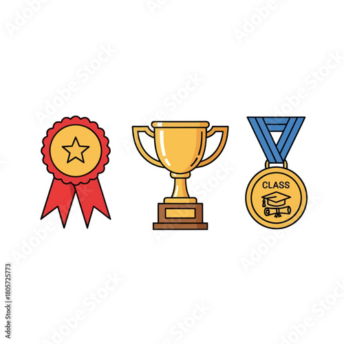 Collection of colorful award icons including a prize ribbon, golden trophy, and graduation medal.