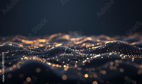 Abstract dark wave surface with glowing particles for technology background