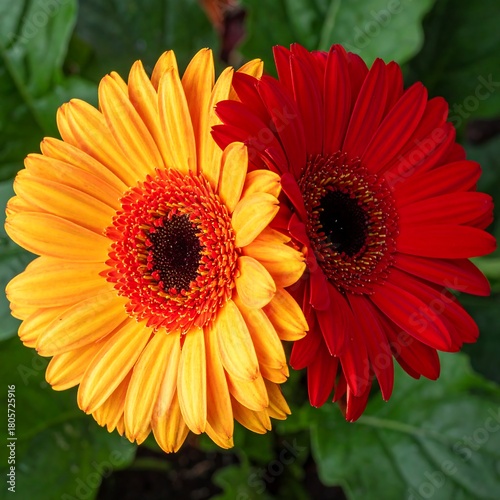 A vibrant close-up of a yellow and red gerbera daisy duo against soft green foliage, radiating bright floral beauty