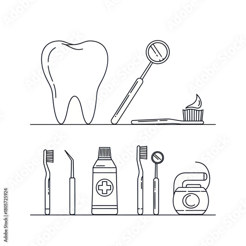 Set of dental care and oral hygiene tools in a minimalist line art illustration style.