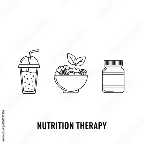 Nutrition therapy concept illustrated with minimalist line art icons of a smoothie, salad, and supplements.