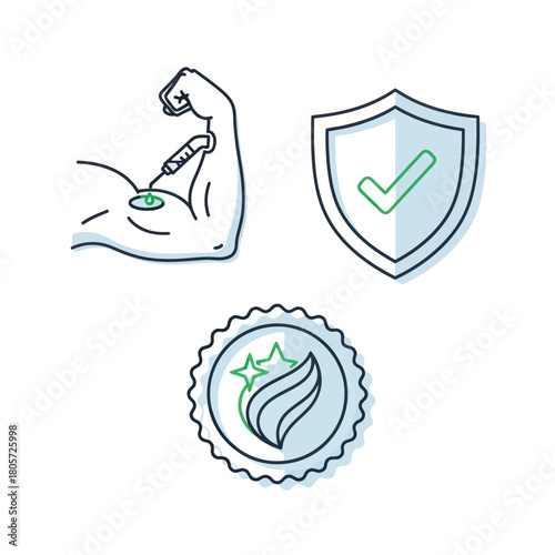 Vaccination and health protection icon set with arm injection, shield, and quality seal.