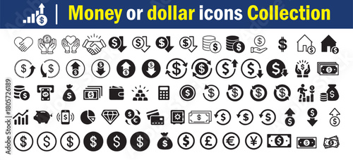 Money and Dollar Icon Set in Green Vector Style. Containing money savings, finance, growth, investment, payment, earnings, management and more. Vector illustration