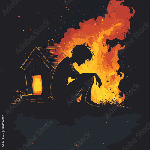 mental health awareness , world mental health day concept,  silhouette of scream mad person sitting in tiny house with burning fire.   , vector style simple color