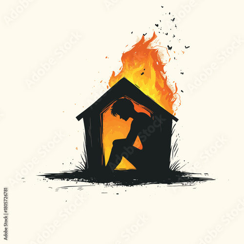 mental health awareness , world mental health day concept,  silhouette of scream mad person sitting in tiny house with burning fire.   , vector style simple color