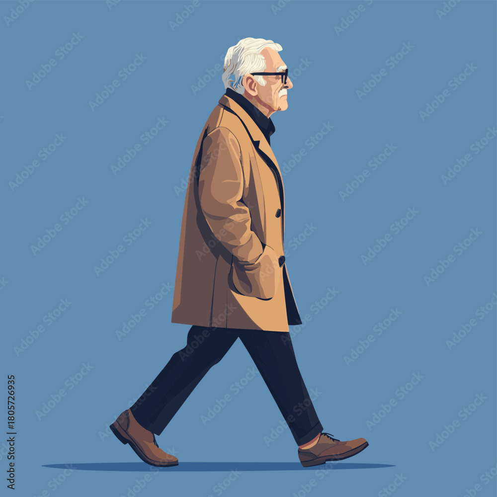 Obraz premium aged society concept. old elderly man walking home from work alone. pension , poverty, debt, loan. depression theme background , vector style simple color