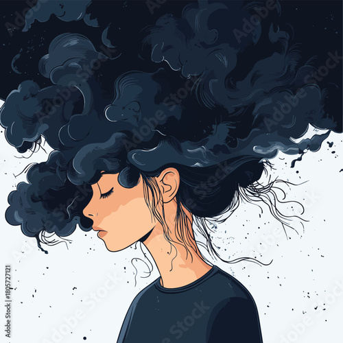 dark mentality, woman with messy dark fog - cloud on head. nerve system. vector illustration    , vector style simple color