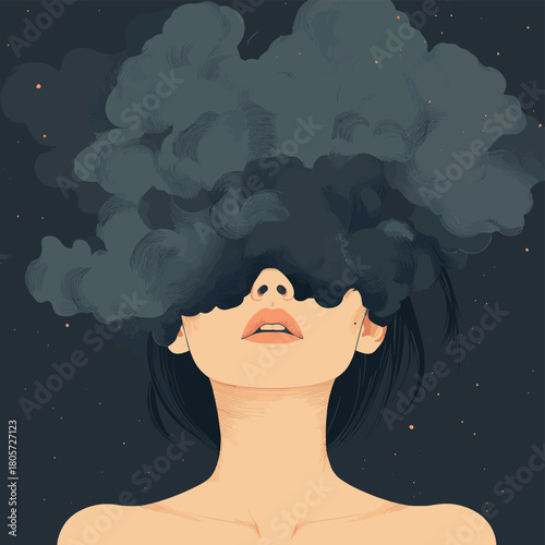dark mentality, woman with messy dark fog - cloud on head. nerve system. vector illustration    , vector style simple color