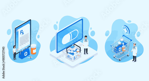 Online pharmacy and telehealth services isometric illustration showing digital prescription management, medication ordering, and remote doctor consultations.
