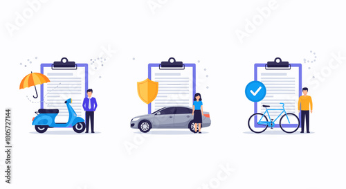 Vehicle insurance concept showing scooter, car, and bicycle with individuals and policy documents. protective symbols highlight secure coverage for diverse transportation.