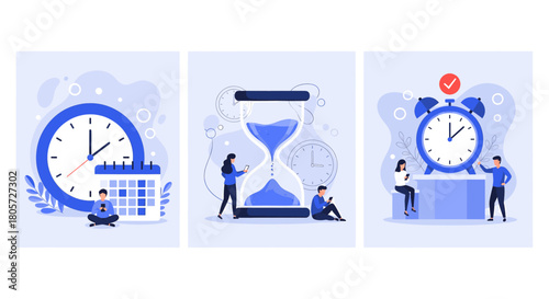 Effective time management and scheduling for modern productivity. digital concepts with people managing tasks using phones, clocks, calendars, hourglass.