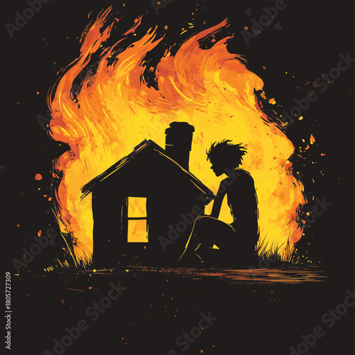 mental health awareness , world mental health day concept,  silhouette of scream mad person sitting in tiny house with burning fire.   , vector style simple color